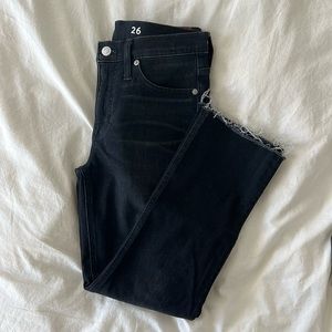 J CREW 9" High Rise Demi Billie Crop Boot Jean, Black worn wash.